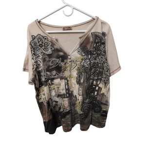 Y2K Graphic Henley Top Blue Canyon Womanix 1X Boho Grunge Tee